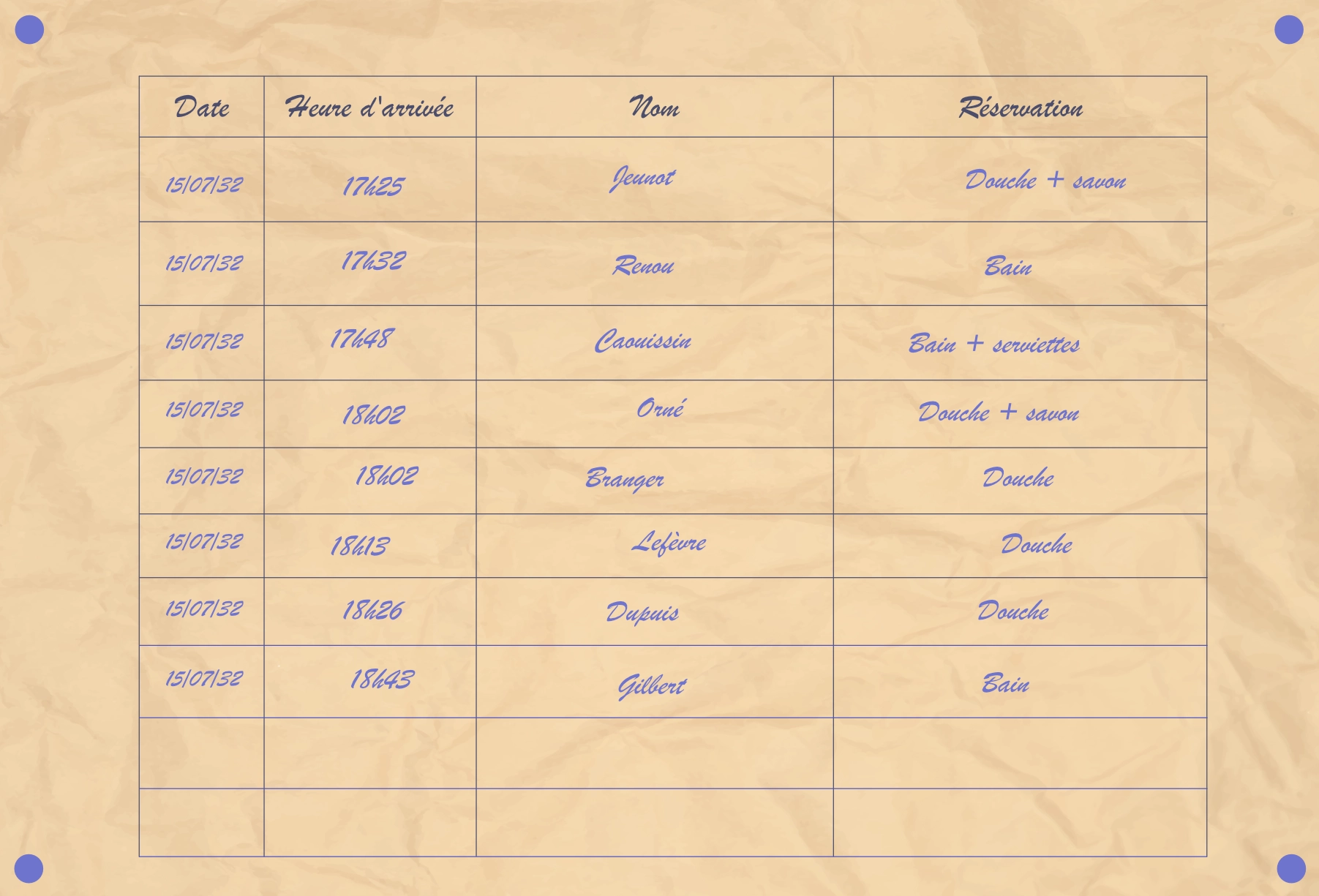 Tableau des horaires